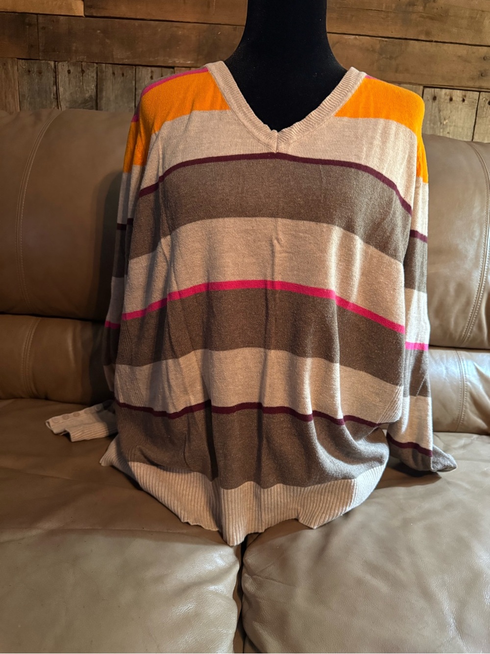 Lane Bryant Beige Striped V-Neck Sweater with Orange, Pink & Brown Accents